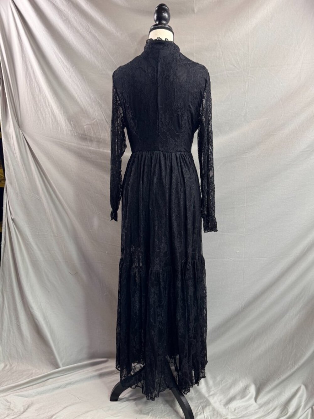 Victorian Black Lace Maxi Dress High Neck Long Sleeve Gothic Boho Gown - Picture 13 of 13